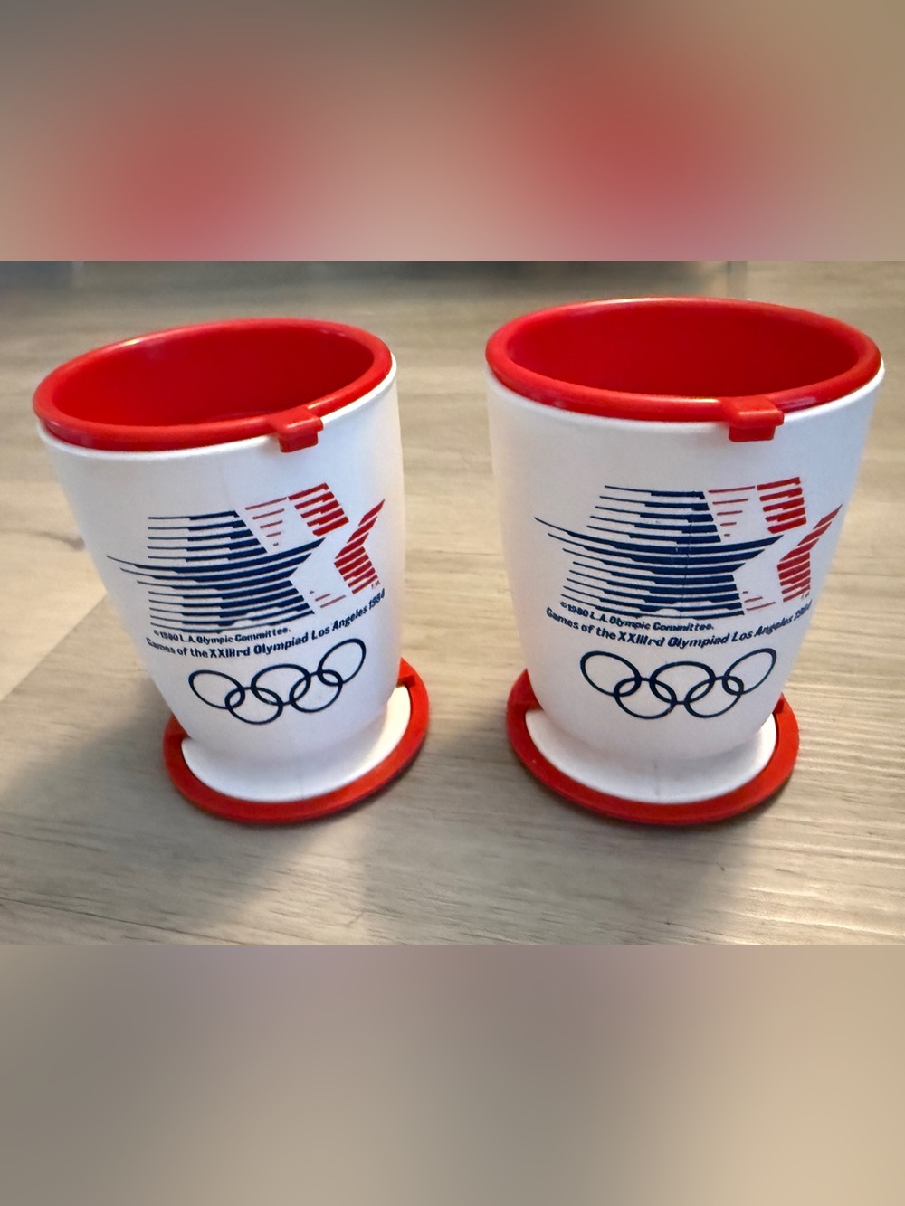 Lot Of 2 Los Angeles 1984 XXIII Olympics Coffee Mugs Plastic Stars in Motion VTG